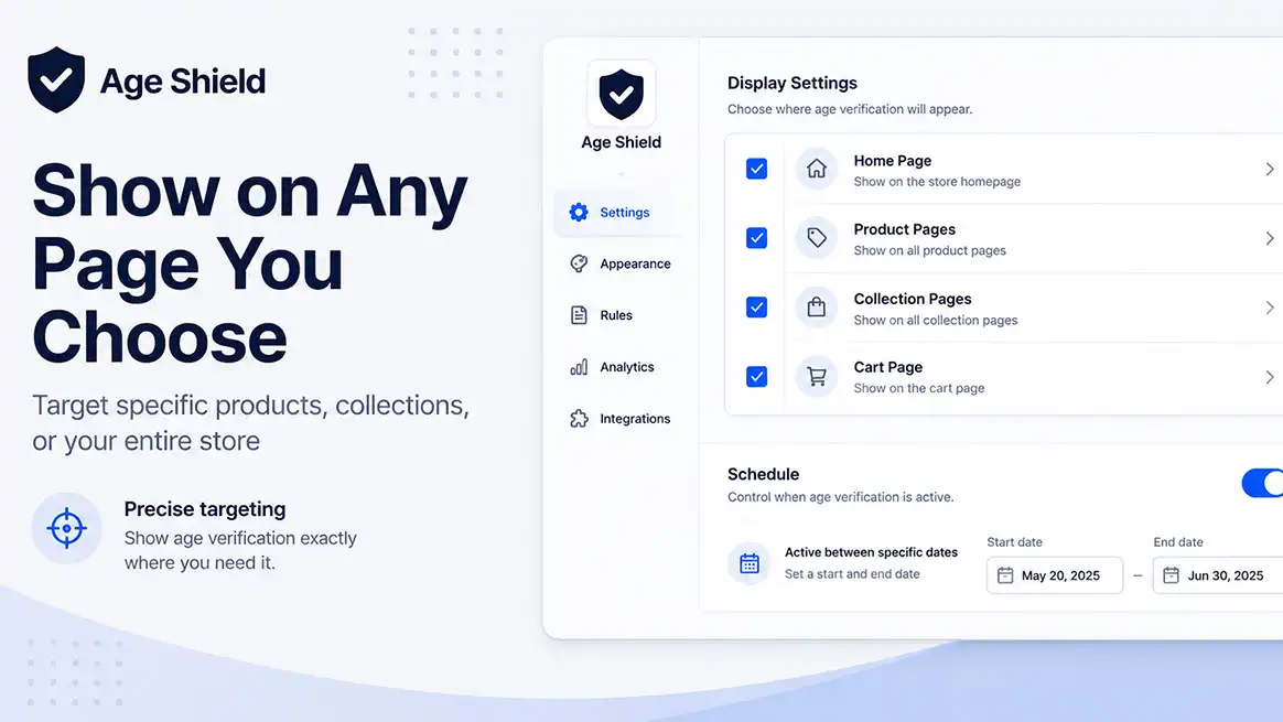 Age Shield targeting specific pages and schedule settings