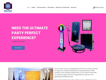 Screenshot of Matrix Entertainment LLC website – party rentals and photo booth design