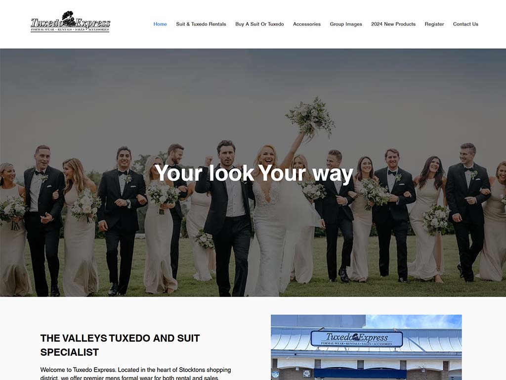 Screenshot of Tuxedo Express website – tuxedo rental and sales design