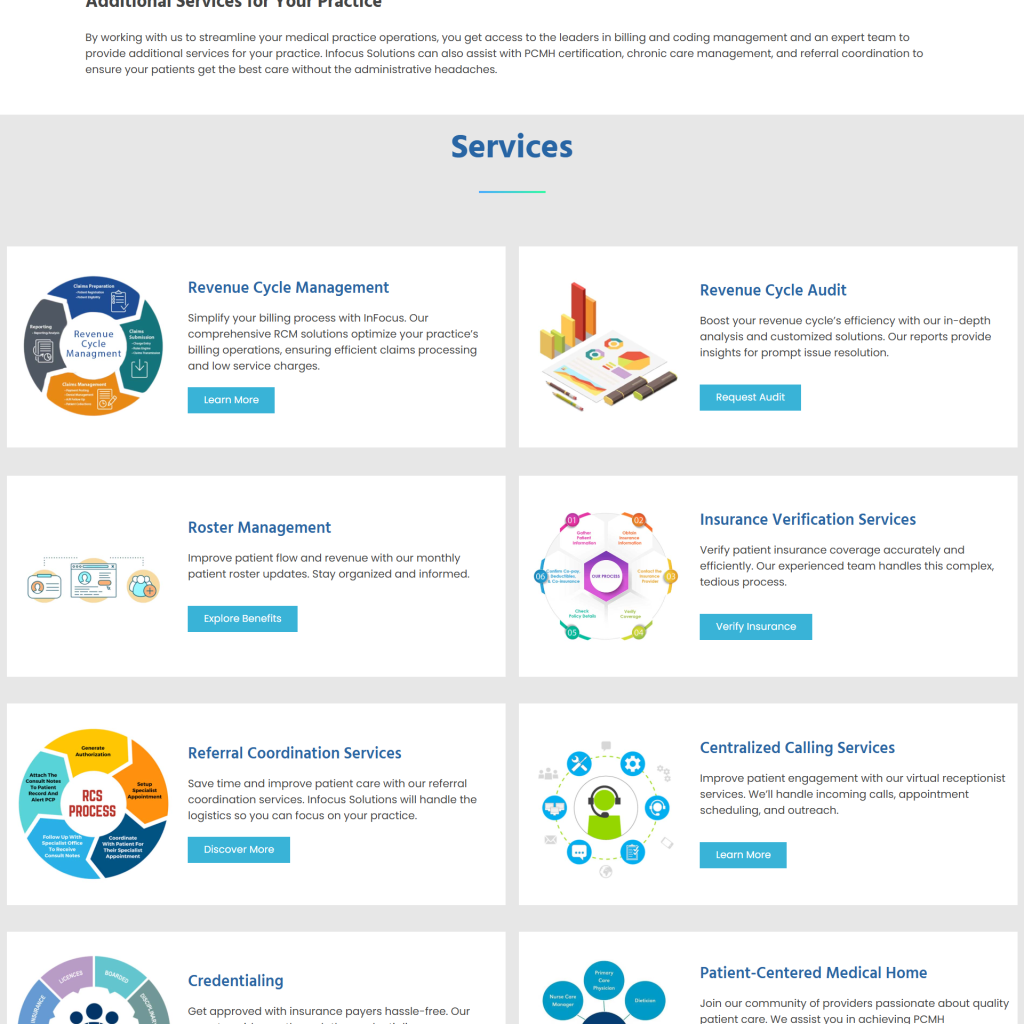 Screenshot of Infocus Solutions LLC website – medical billing and patient management design